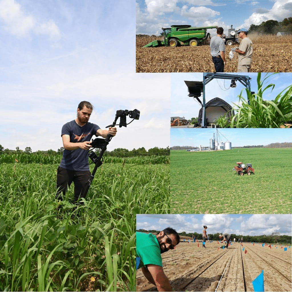 Composite image of GROW field research projects involving cover crops, harvest weed seed control, and weed mapping technologies at the Beltsville Agricultural Research Center. 